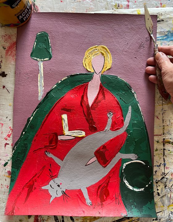 Woman Cat Original Painting