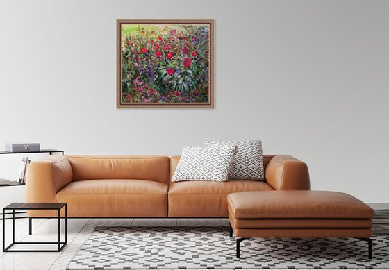 BLOOMING FLOWER BED - Luxembourg Gardens, Paris, France - floral art, original oil painting