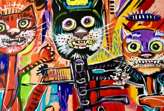 Cats bosom friends in style of famous painting by Jean-Michel Basquiat.