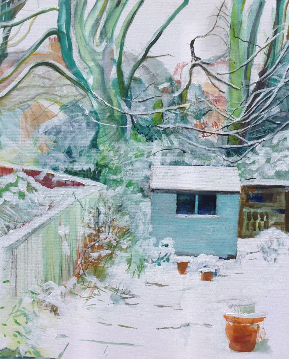 Impressionistic Landscape Painting By Sandra Haney, 16 X 20", Winter Shed, Original Artwork