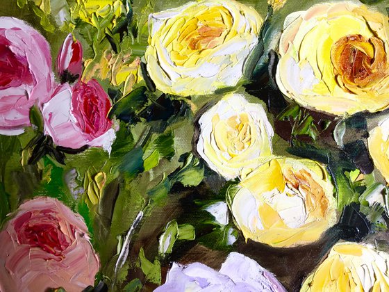 WHITE PINK YELLOW PURPLE  ROSES IN A GARDEN palette knife modern still life  flowers office home decor gift