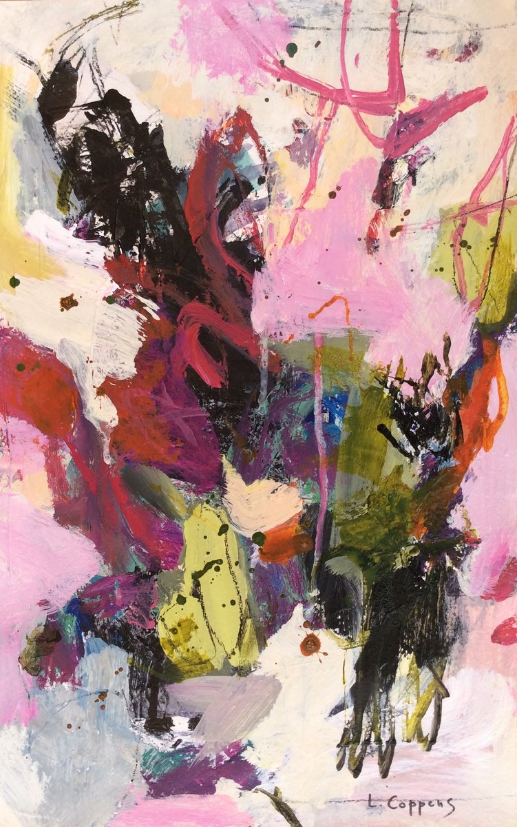 Expressive Botanical Acrylic Painting By Linda Coppens, 11 X 18", Floral Fantasy, Original Artwork