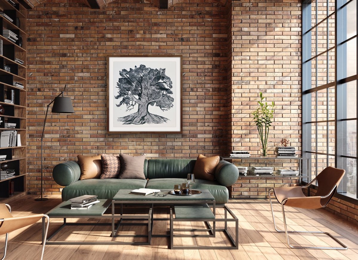 Botanical Linocut By Amy Cundall, 27 X 27, Grand Old Oak Tree, Original Artwork