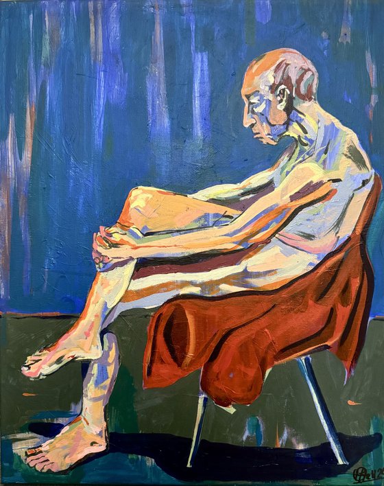 Seated older chap nude