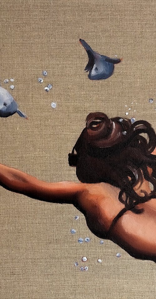 Swimming with Fishes - Woman Underwater Snorkeling Painting by Daria Gerasimova