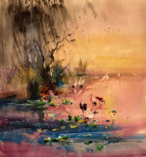 Sold Watercolor “Sunset rain. Danube Delta” perfect gift