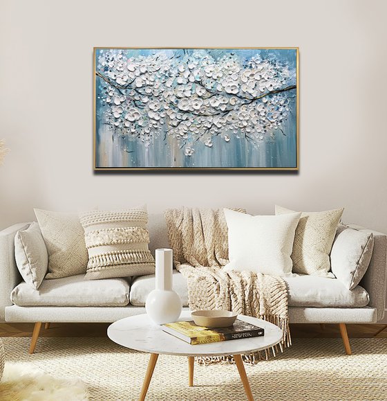 Sakura Branches - Original Abstract FlowerPainting, Abstract Painting, White Blooming Flower Painting, Size: 40 x 24 inches (100 x 60 cm)