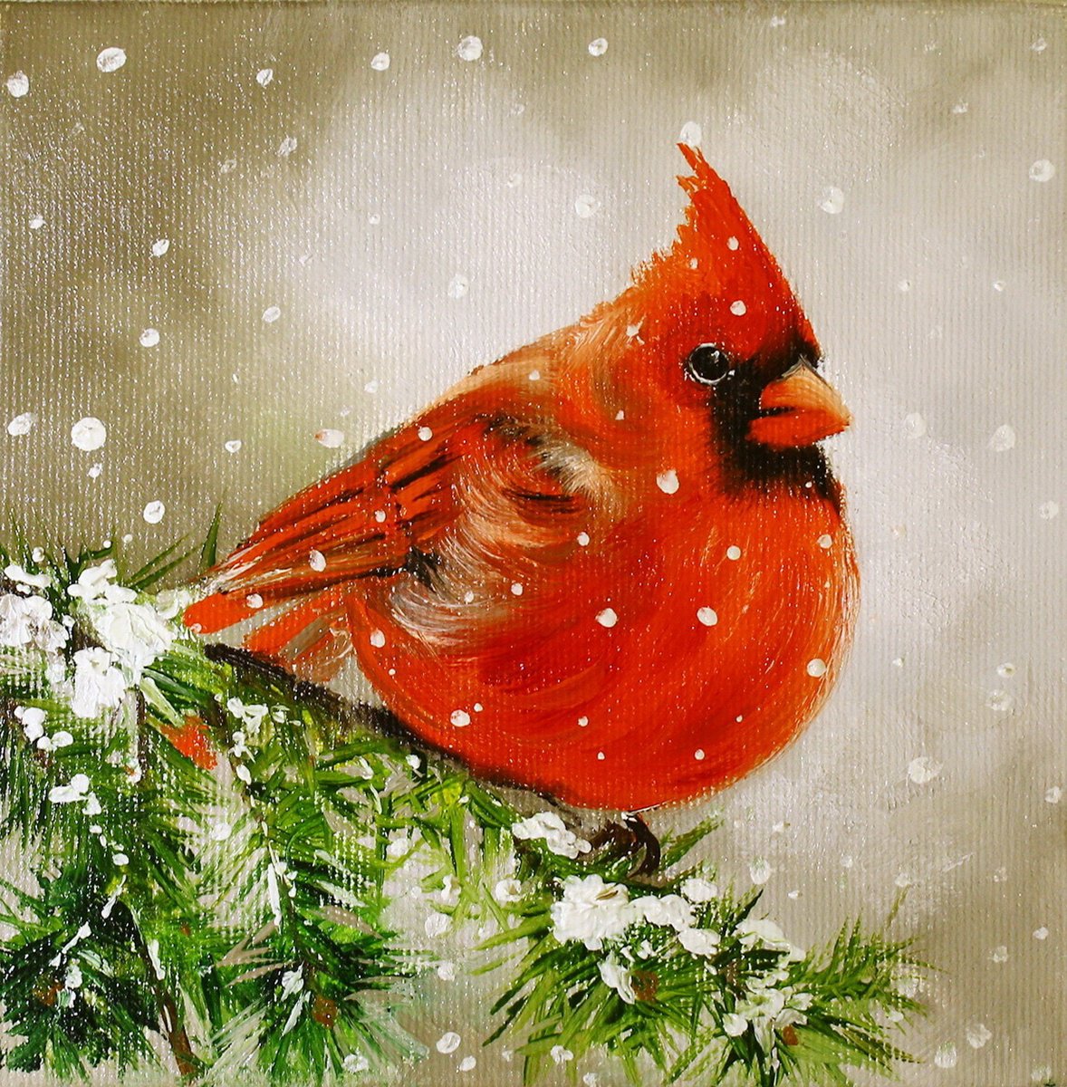 Impressionistic Animal Oil Painting By Natalia Shaykina, 6 X 6", Christmas Cardinal, Original Artwork