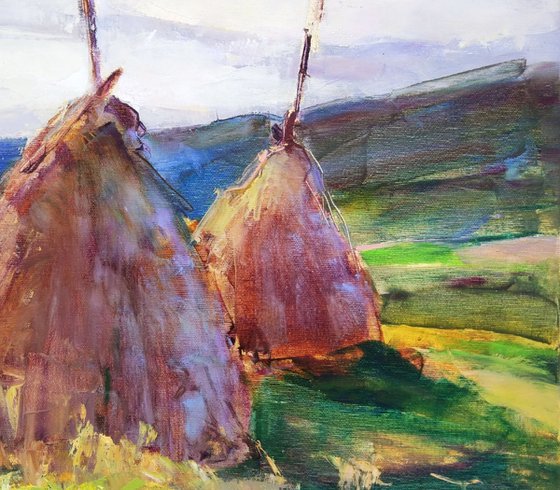 Autumn fields with haystacks