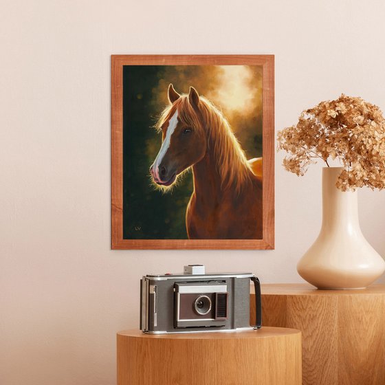Brown horse portrait at sunset