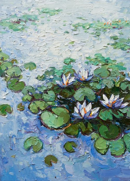 White Water Lilies - Large Original Oil painting 120 x 70 cm by Anastasiia Valiulina