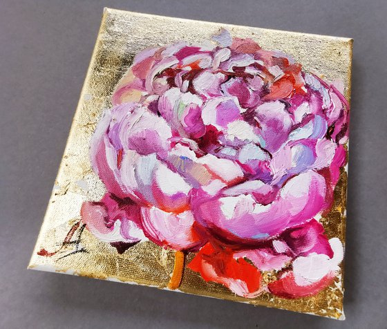 Pink peony miniature with gold on canvas