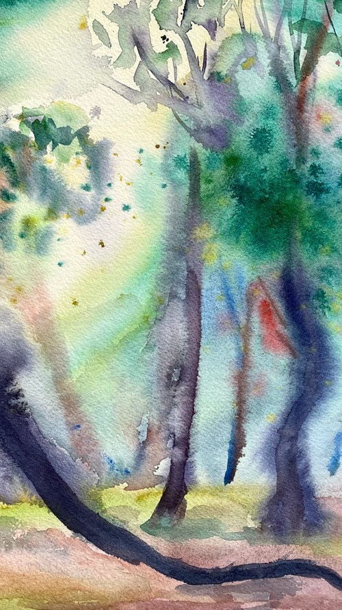 Landscape Original Watercolor Painting, Sunset Forest Artwork, Sun through Trees Art, Rustic Home Decor by Kate Grishakova