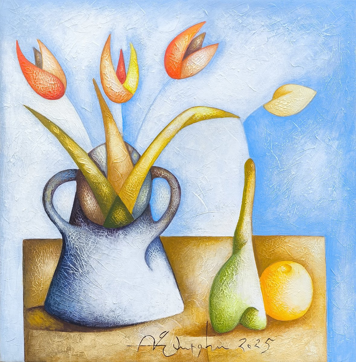 Naive Still Life Acrylic Painting By Sargis Zakarian, 16 X 16", Abstract Arrangement, Original Artwork