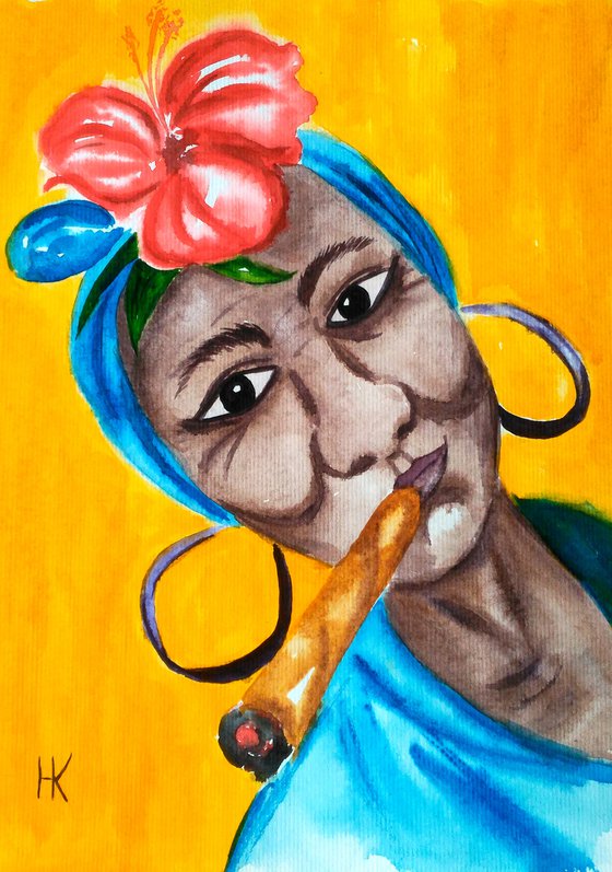 Cuba Painting Woman Portrait Original Art Smoking Cuban Lady Watercolor Small Artwork Home Wall Art 8 by 11" by Halyna Kirichenko