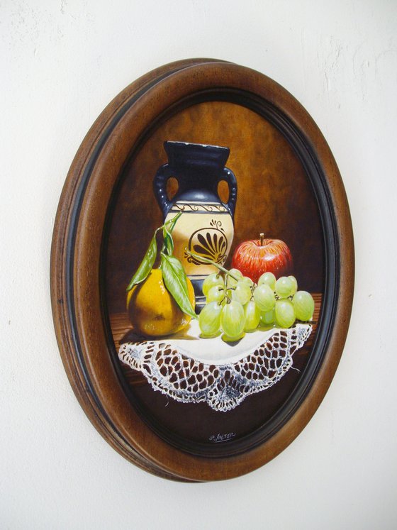 Amphora and fruit in oval