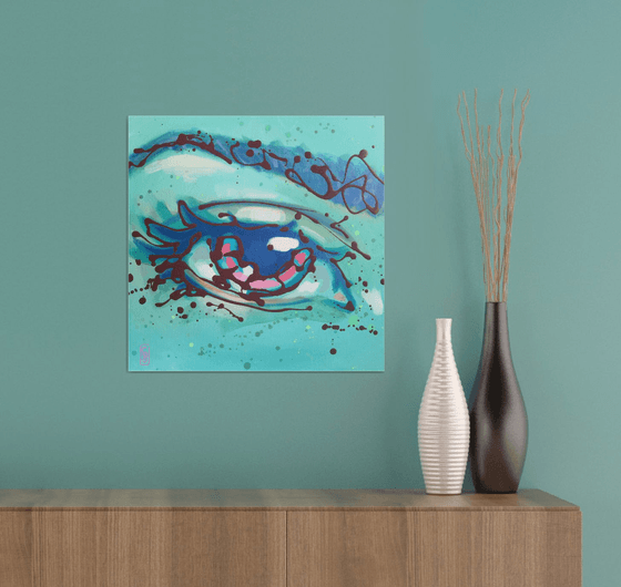 (SOLD) Pop art eye: Pink Iris (on turqoise background)