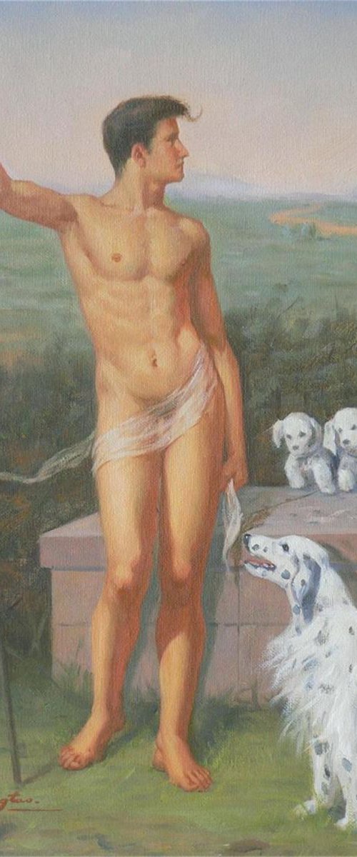 Oil painting male nude and dogs on linen #1724 by Hongtao Huang