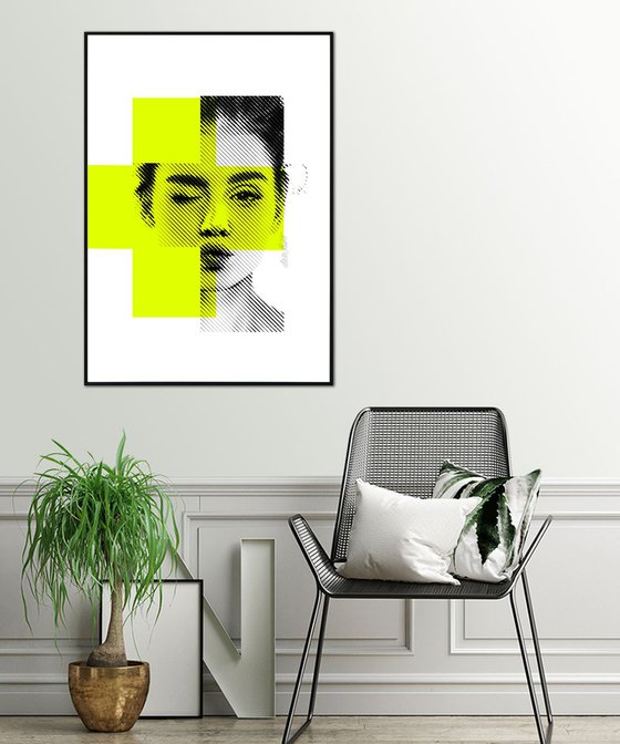 Biting lip in yellow Neon - Mixed media (42x59,4cm) - Including wooden Frame