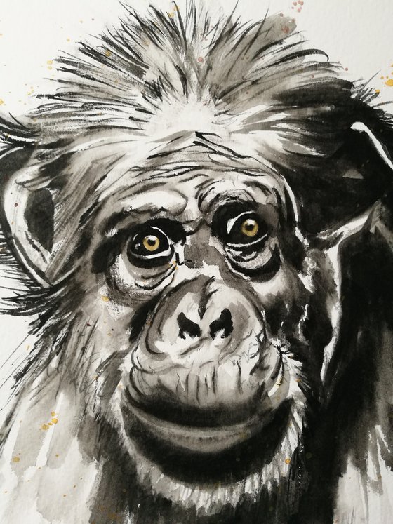 Happy Monkey. Chimpanzee Watercolour Painting on paper. Free Shipping