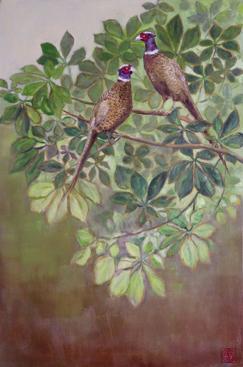 Impressionistic Animal Oil Painting By Katia Bellini, 30 X 40", Pheasants, Original Artwork