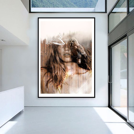 The girl with an Owl CANVAS Digital 120 cm x 80 cm