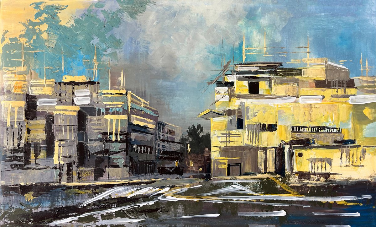 Impressionistic Cityscapes Acrylic Painting By Maria Kireev, 39 X 24", Yellow Blocks, Original Artwork
