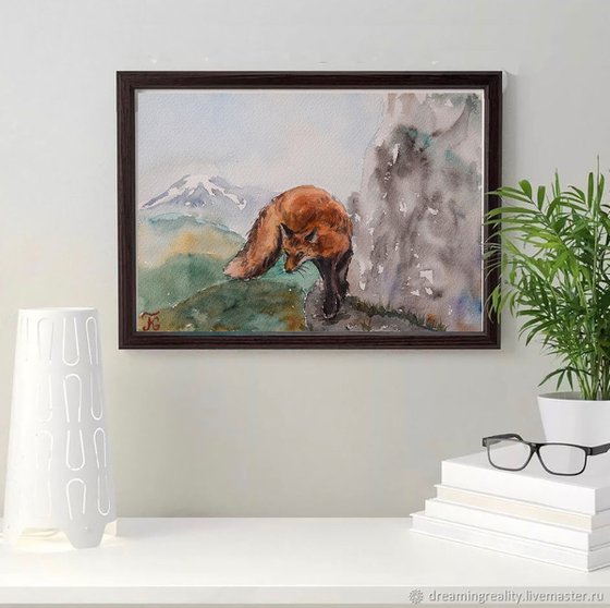 Fox original watercolor painting, fox painting, mountain landscape, animalistic wall art