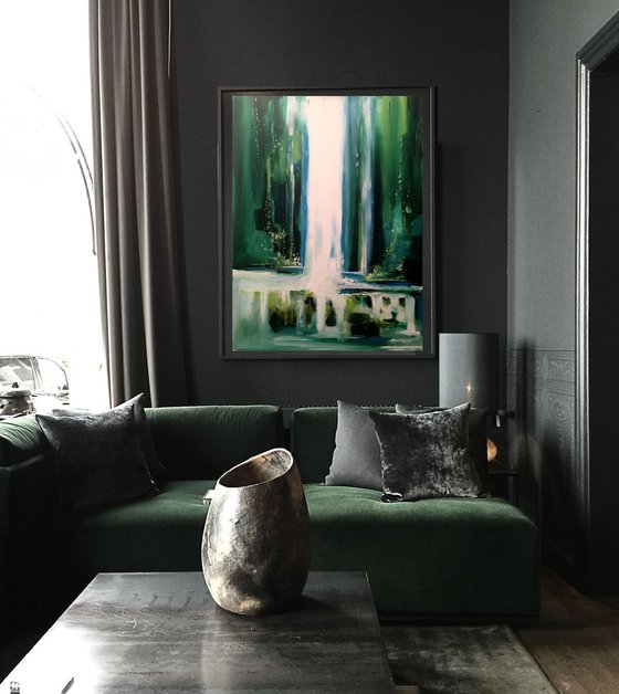 Light emerald green double waterfall-original abstract painting- 46 x 61 cm (18' x 24')