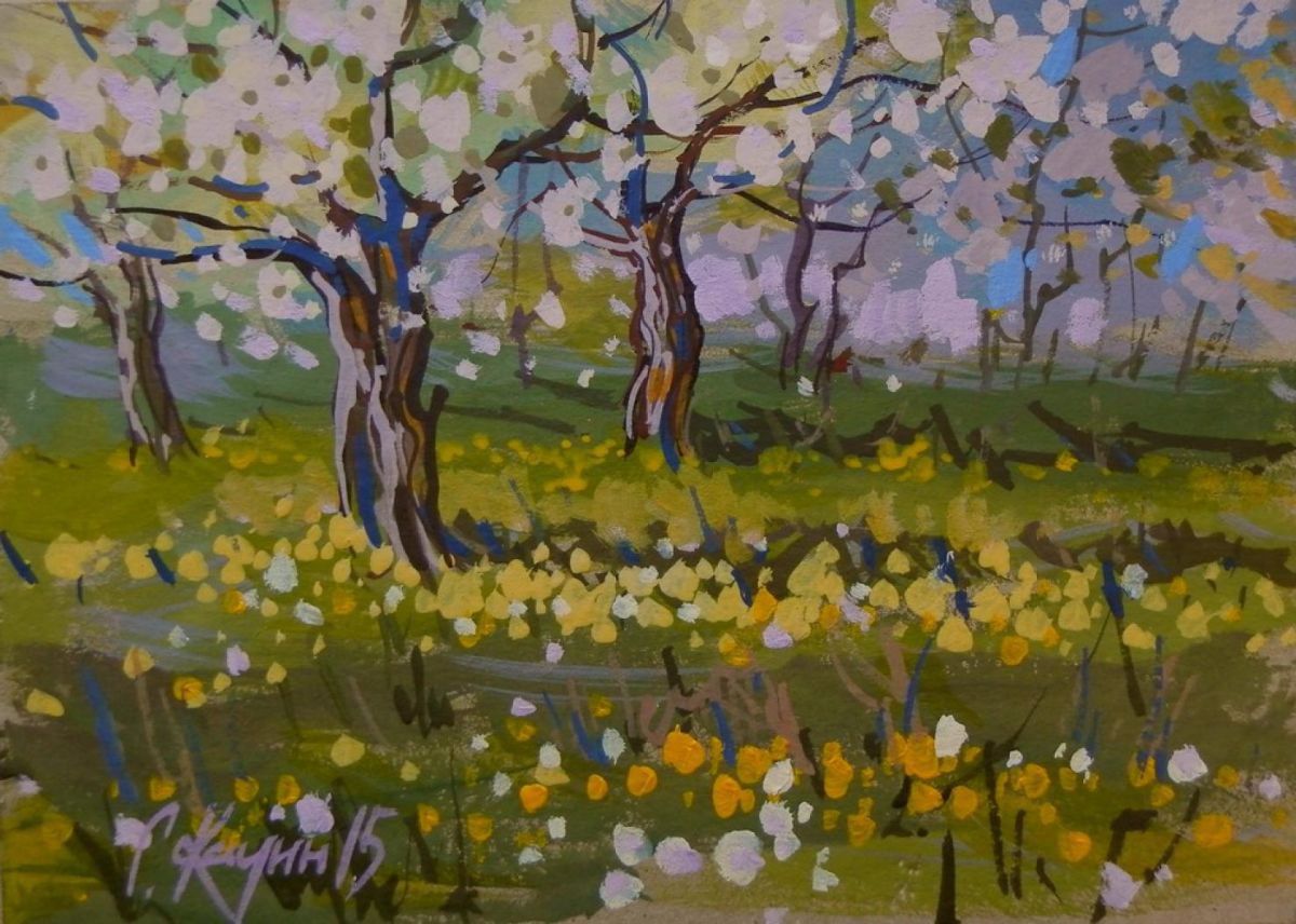 blooming garden, original painting 30x21 cm by Sergey Kachin