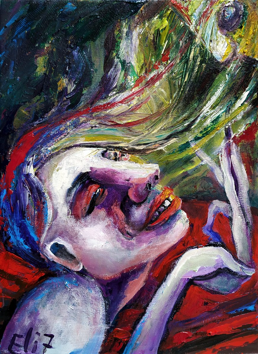 Expressive Portrait Acrylic Painting By Elisheva Nesis, 10 X 14, Moon Laugh, Original Artwork