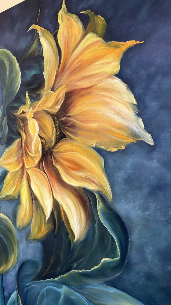 Solar flower, oil painting, original gift, home decor, Flowering, Spring, Leaves, Living Room, leaves, many flowers, flower picture, petals,  delicate flowers, sunflower painting, yellow flower painting