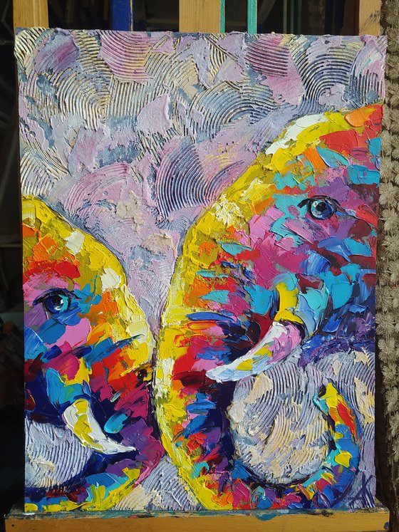 Elephants - mother, happy, childhood, elephant, mother's love, Africa, love, animals, gift for mother, oil painting, Impressionism, palette knife, gift.