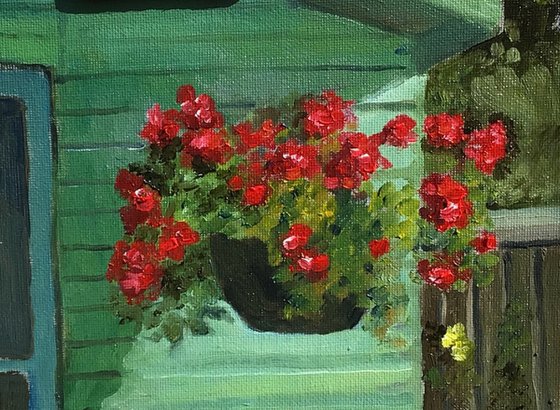 Red Geraniums, an original oil painting