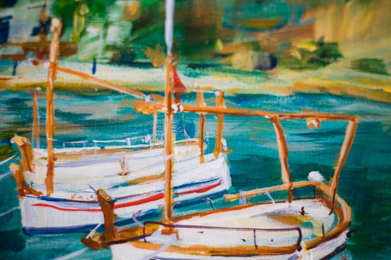 Seaside town in Catalunya. Sunny small landscape with boats. Original acrylic painting spain blue gift