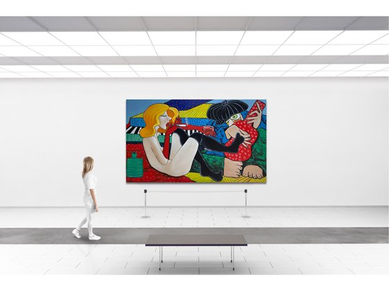 Lady in red playing footsie