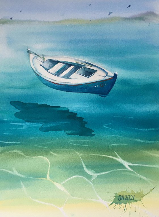 "Boat hovering over water"