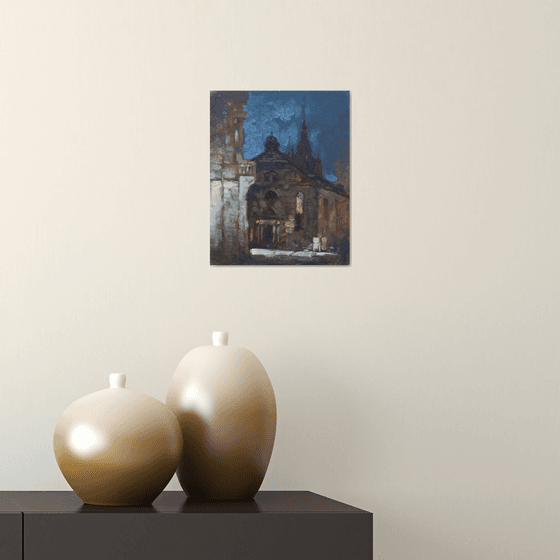 Original Oil Painting Wall Art Signed unframed Hand Made Jixiang Dong Canvas 25cm × 20cm Cityscape Night in Tubingen Germany Small Impressionism Impasto