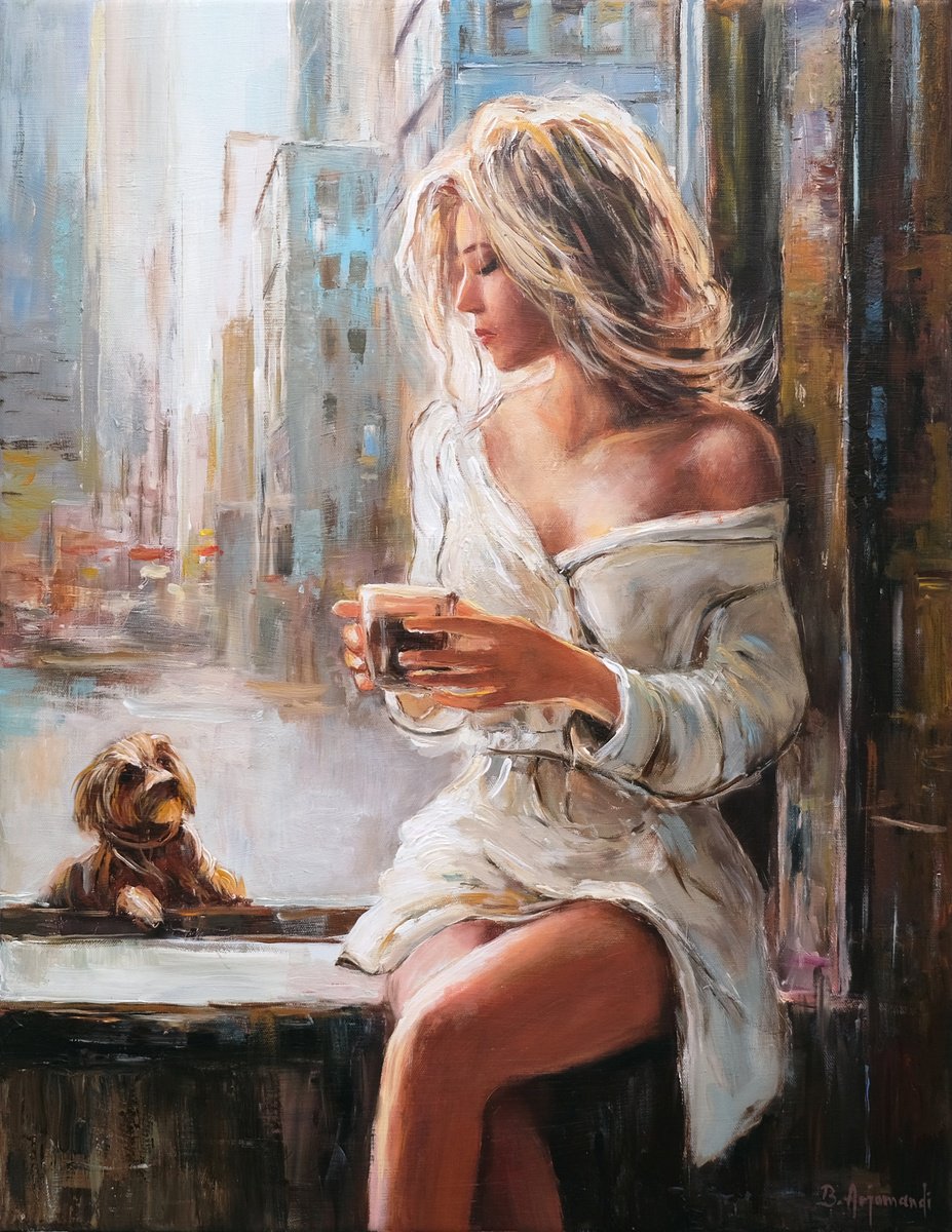 Impressionistic Portrait Oil Painting By Behshad Arjomandi, 20 X 26, Morning Silence In The City, Original Artwork
