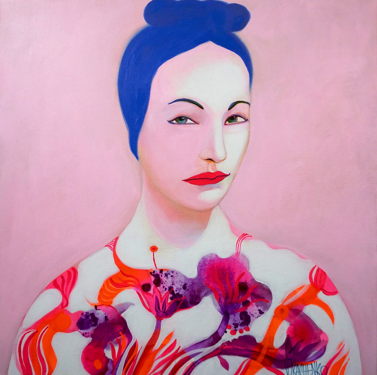 Organic Portrait Acrylic Painting By Victor Tkachenko, 24 X 24", Pretty In Pink (Dm For Shipping Cost), Original Artwork