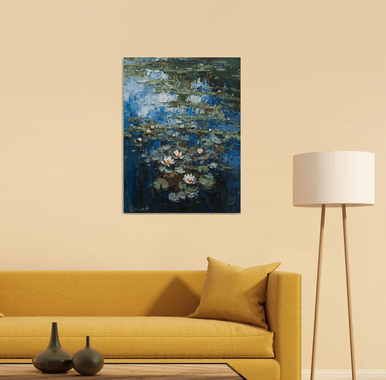 Water Lilies -Pond flowers  Impasto Original Oil painting