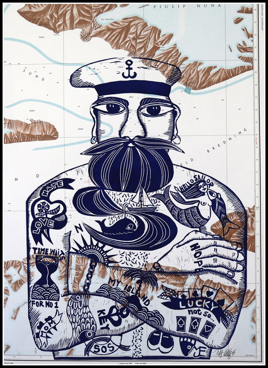 Typographic Linocut , Sailor Greenland By Mariann Johansen-Ellis, 20 X 27, Artwork For Sale On Artfinder