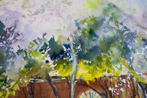 Secret garden in Salamanca. Almond in bloom. Big format watercolor urban landscape door interior decor romantic