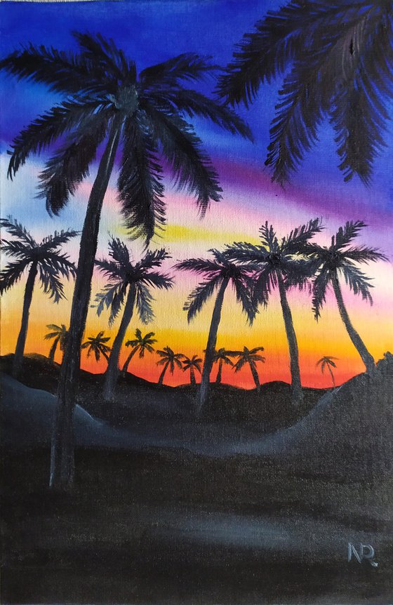 Palms, original impressionistic seascape landscape oil painting, Gift art, framed