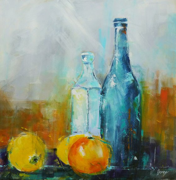 Still life Bottles fruits 50x50cm