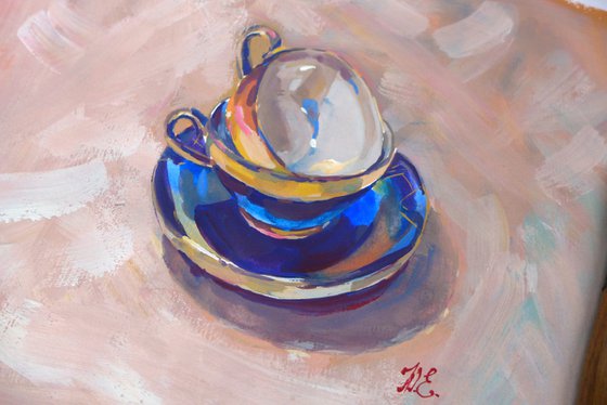 Vintage cups in gouache, Colorful Art for the kitchen