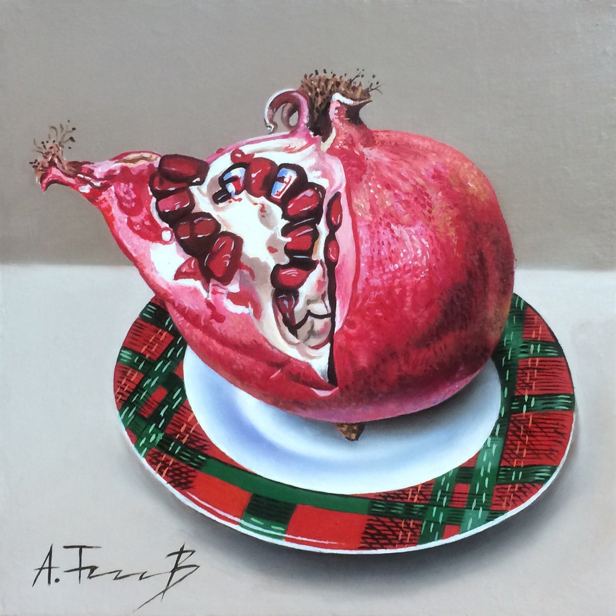 Photorealistic Still Life Oil Painting By Alexander Titorenkov, 8 X 8, Pomegranate On A Saucer, Original Artwork