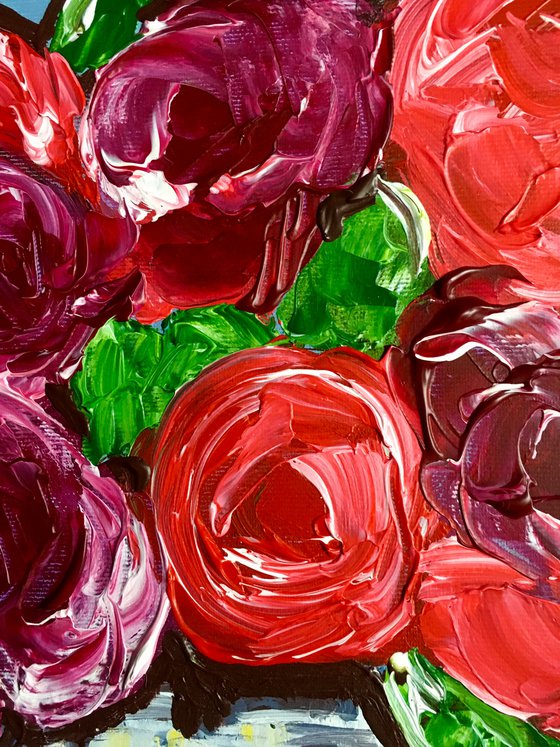 BOUQUET OF Red Bordo  Roses  #11 palette  knife Original Acrylic painting office home decor gift