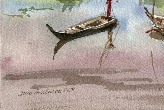 Chinese boats original watercolor painting with boats, small size, decor for small spaces