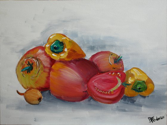 Still life with tomatoes and bell peppers